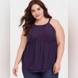 Torrid Purple Peplum Lace Goddess Neck Tank